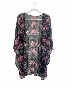 Sheer Black Floral Swim Coverup Kimono with Pink Roses